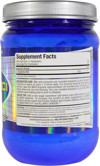 補充劑，氨基酸，運動，精氨酸 - ALLMAX Nutrition, 100% Pure Arginine HCI Maximum Strength + Absorption, 14 oz (400 g)