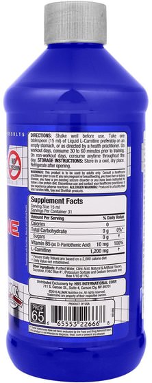 補充劑，氨基酸，運動，左旋肉鹼液 - ALLMAX Nutrition, L-Carnitine Liquid + Vitamin B5, Blue Raspberry Flavor, 16 oz (473 ml)