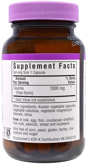 補充劑，氨基酸，牛磺酸 - Bluebonnet Nutrition, Taurine, 1.000 mg, 50 Veggie Caps