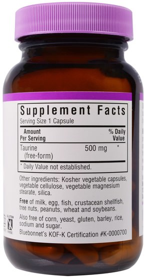 補充劑，氨基酸，牛磺酸 - Bluebonnet Nutrition, Taurine, 500 mg, 50 Veggie Caps