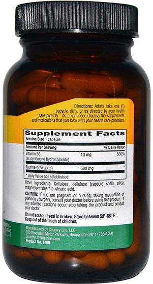 補充劑，氨基酸，牛磺酸 - Country Life, Taurine Caps, 500 mg, 100 Vegan Caps