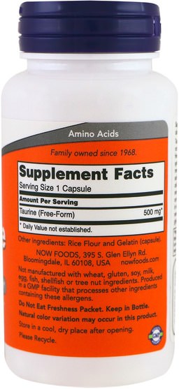 補充劑，氨基酸，牛磺酸 - Now Foods, Taurine, 500 mg, 100 Capsules