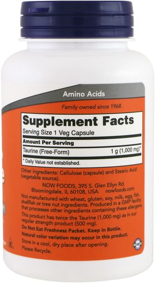 補充劑，氨基酸，牛磺酸 - Now Foods, Taurine, Double Strength, 1.000 mg, 100 Veg Capsules