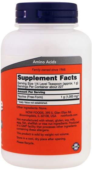 補充劑，氨基酸，牛磺酸 - Now Foods, Taurine, Pure Powder, 8 oz (227 g)