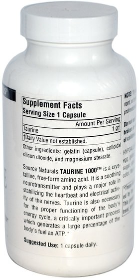 補充劑，氨基酸，牛磺酸 - Source Naturals, Taurine 1000, 1.000 mg, 120 Capsules