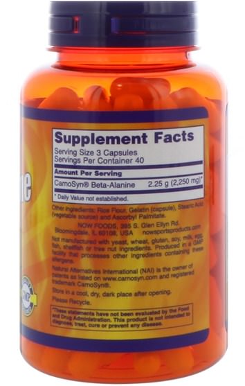 補充劑，合成代謝補品，β丙氨酸 - Now Foods, Sports, Beta-Alanine, 750 mg, 120 Capsules