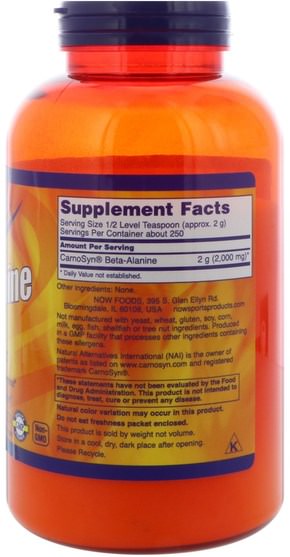 補充劑，合成代謝補品，β丙氨酸 - Now Foods, Sports, Beta-Alanine, Pure Powder, 17.6 oz (500 g)