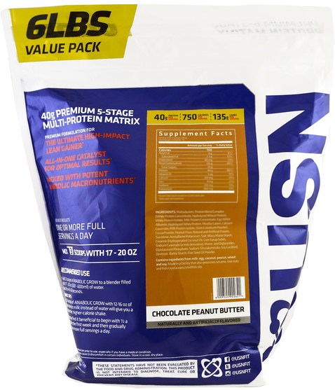 補充劑，合成代謝補品，蛋白質 - USN, Anabolic Grow, Chocolate Peanut Butter, 6 lbs (2.73 kg)