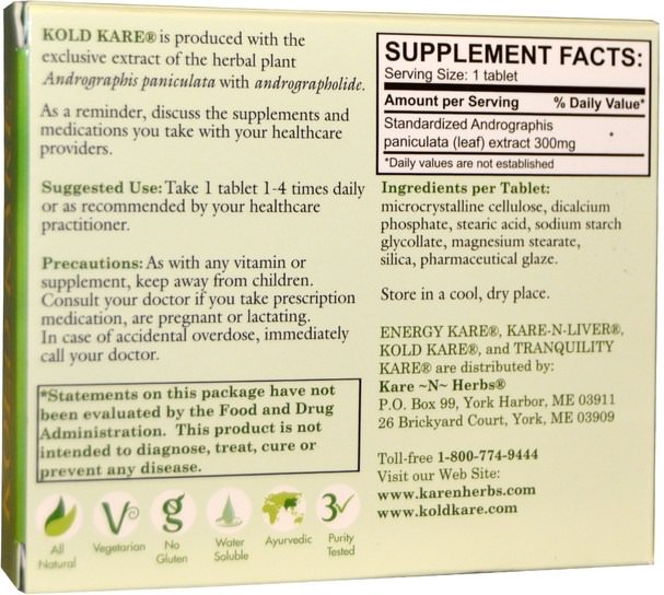 補充劑，抗生素，穿心蓮 - Kare n Herbs, Kold Kare, 40 Tablets