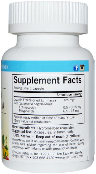 補充劑，抗生素，紫錐花 - Eclectic Institute, Echinacea Angustifolia, 325 mg, 90 Non-GMO Veggie Caps