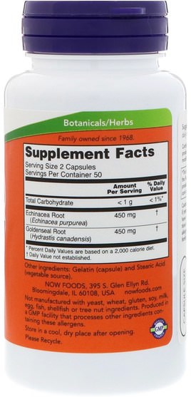 補充劑，抗生素，紫錐菊和黃金，紫錐菊膠囊片 - Now Foods, Echinacea & Goldenseal Root, 100 Capsules