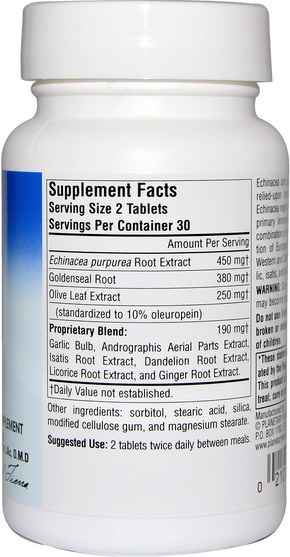 補充劑，抗生素，紫錐花和黃金，健康，橄欖葉 - Planetary Herbals, Echinacea-Goldenseal with Olive Leaf, 635 mg, 60 Tablets