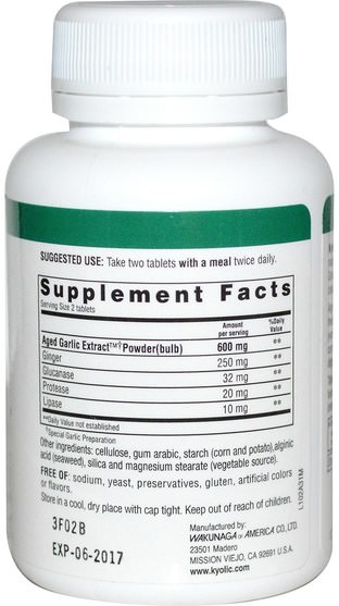 補充劑，抗生素，大蒜，健康，排毒 - Wakunaga - Kyolic, Aged Garlic Extract, Candida Cleanse & Digestion, Formula 102, 100 Vegetarian Tablets