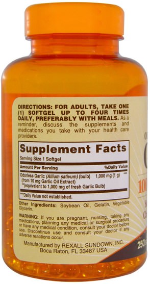補充劑，抗生素，大蒜油 - Sundown Naturals, Odorless Garlic, 1.000 mg, 250 Softgels