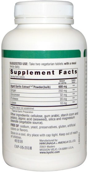 補充劑，抗生素，大蒜 - Wakunaga - Kyolic, Aged Garlic Extract, Candida Cleanse & Digestion, Formula 102, 200 Vegetarian Tabs