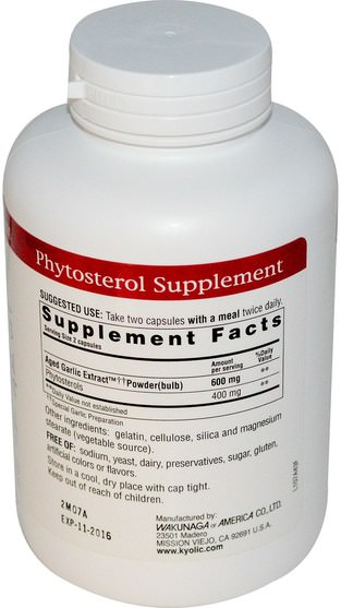 補充劑，抗生素，大蒜 - Wakunaga - Kyolic, Aged Garlic Extract Phytosterols, Cholesterol Support Formula 107, 240 Capsules