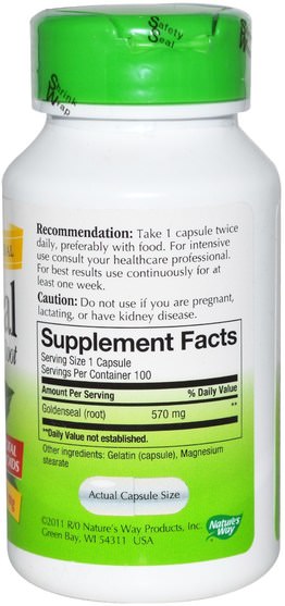 補充劑，抗生素 - Natures Way, Goldenseal, Root, 570 mg, 100 Capsules