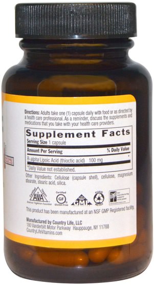 補充劑，抗氧化劑，α硫辛酸，α硫辛酸100毫克 - Country Life, R-Lipoic Acid, 100 mg, 60 Veggie Caps
