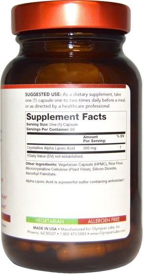 補充劑，抗氧化劑，α硫辛酸，α硫辛酸200毫克 - Olympian Labs Alpha Lipoic Acid, 200 mg, 60 Veggie Caps