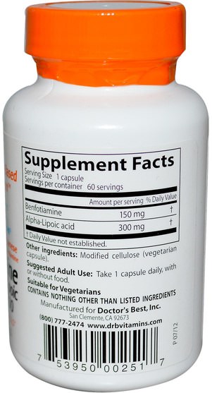補充劑，抗氧化劑，α硫辛酸，benfotiamine - Doctors Best, Best Benfotiamine 150 + Alpha-Lipoic Acid 300, 60 Veggie Caps