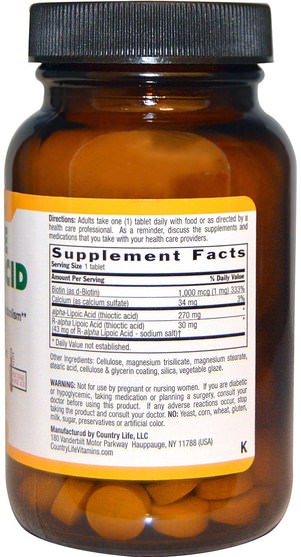 補充劑，抗氧化劑，α硫辛酸 - Country Life, Active Lipoic Acid, 300 mg, 60 Tablets