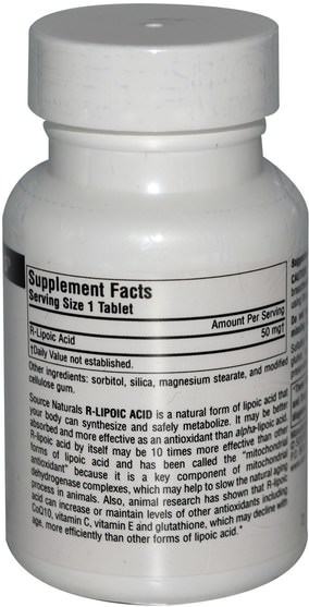 補充劑，抗氧化劑，α硫辛酸，硫辛酸 - Source Naturals, R-Lipoic Acid, 50 mg, 60 Tablets