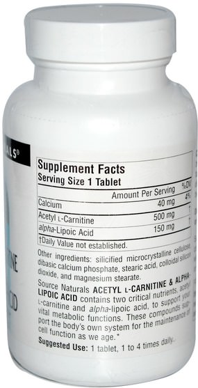 補充劑，抗氧化劑，α硫辛酸 - Source Naturals, Acetyl L-Carnitine & Alpha-Lipoic Acid, 650 mg, 120 Tablets