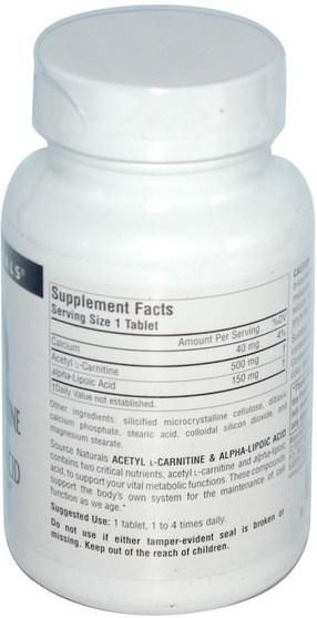補充劑，抗氧化劑，α硫辛酸 - Source Naturals, Acetyl L-Carnitine & Alpha Lipoic Acid, 650 mg, 60 Tablets