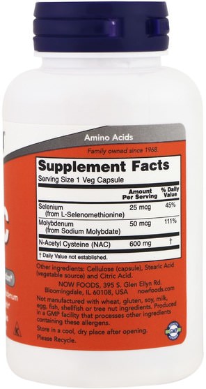 補充劑，抗氧化劑，氨基酸，nac（n乙酰半胱氨酸） - Now Foods, NAC, 600 mg, 100 Veg Capsules