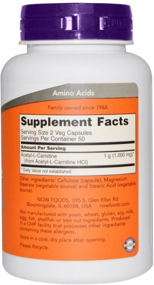 補充劑，抗氧化劑，氨基酸 - Now Foods, Acetyl-L Carnitine, 500 mg, 100 Veg Capsules