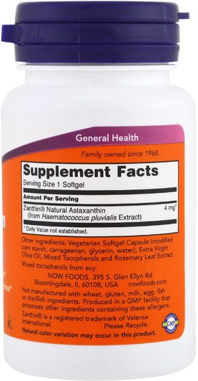 補充劑，抗氧化劑，蝦青素，類胡蘿蔔素 - Now Foods, Astaxanthin, 4 mg, 60 Veggie Softgels