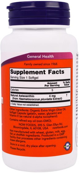 補充劑，抗氧化劑，蝦青素，類胡蘿蔔素 - Now Foods, Astaxanthin, 4 mg, 90 Softgels