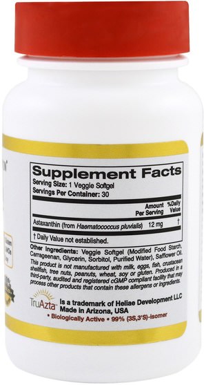 補充劑，抗氧化劑，蝦青素，蝦青素 - California Gold Nutrition, CGN, Astaxanthin, Triple-Strength, Natural, U.S. Sourced & Made, No GMOs, 12 mg, 30 Veggie Softgels