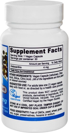 補充劑，抗氧化劑，蝦青素 - Deva, Vegan, Astaxanthin, 4 mg, 30 Vegan Caps