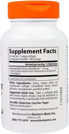 補充劑，抗氧化劑，蝦青素 - Doctors Best, Astaxanthin With AstaPure, 3 mg, 180 Veggie Softgels