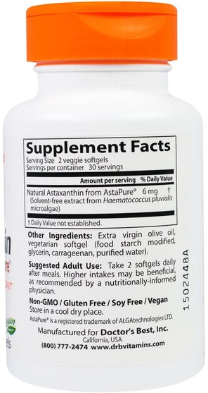 補充劑，抗氧化劑，蝦青素 - Doctors Best, Astaxanthin with AstaPure, 3 mg, 60 Veggie Softgels