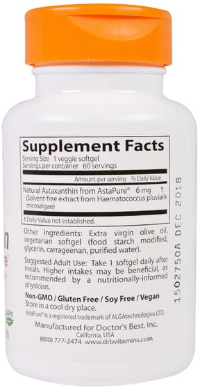 補充劑，抗氧化劑，蝦青素 - Doctors Best, Astaxanthin with AstaPure, 6 mg, 60 Veggie Softgels