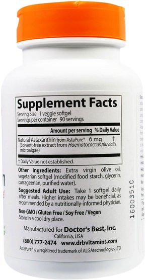 補充劑，抗氧化劑，蝦青素 - Doctors Best, Astaxanthin With AstaPure, 6 mg, 90 Veggie Softgels