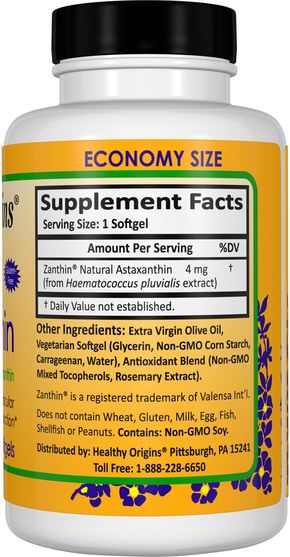 補充劑，抗氧化劑，蝦青素 - Healthy Origins, Vegan Astaxanthin, 4 mg, 150 Veggie Softgels