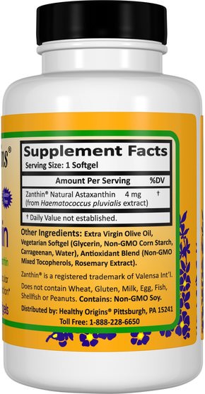 補充劑，抗氧化劑，蝦青素 - Healthy Origins, Vegan Astaxanthin, 4 mg, 60 Veggie Softgels