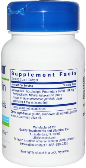 補充劑，抗氧化劑，蝦青素 - Life Extension, Astaxanthin, with Phospholipids, 4 mg, 30 Softgels