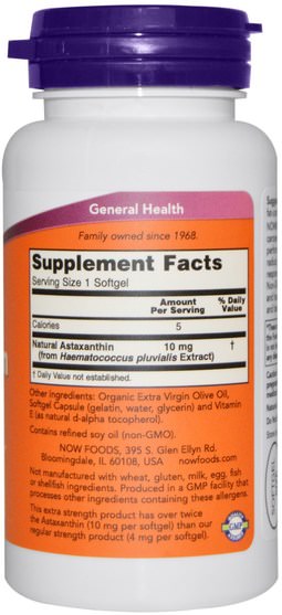 補充劑，抗氧化劑，蝦青素 - Now Foods, Astaxanthin, Extra Strength, 10 mg, 60 Softgels