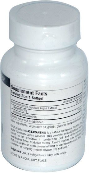 補充劑，抗氧化劑，蝦青素 - Source Naturals, Astaxanthin, 2 mg, 30 Softgels