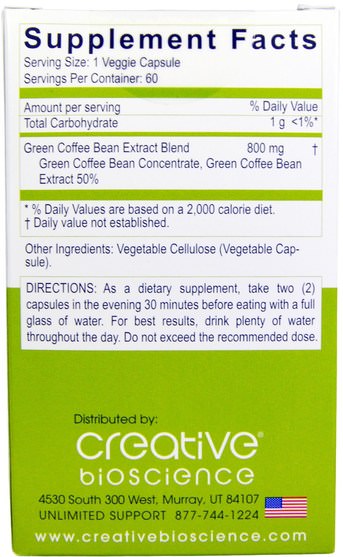 補充劑，抗氧化劑，創意生物科學減肥補充劑，綠色咖啡豆提取物 - Creative Bioscience, Green Coffee Bean, Pure Extract, 800 mg, 60 Veggie Caps