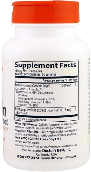 補充劑，抗氧化劑，薑黃素c3複合物 - Doctors Best, Curcumin, High Absorption, 500 mg, 120 Capsules