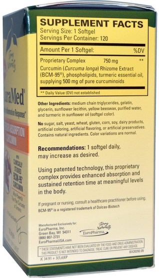 補充劑，抗氧化劑，薑黃素 - EuroPharma, Terry Naturally, CuraMed, 750 mg, 120 Softgels