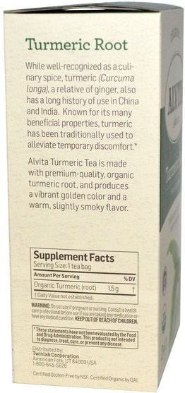 補充劑，抗氧化劑，薑黃素，食品，涼茶 - Alvita Teas, Turmeric Root, Organic Caffeine Free, 24 Tea Bags, 1.27 oz (36 g)