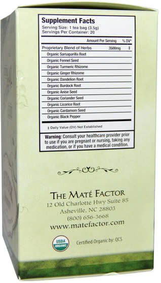 補充劑，抗氧化劑，薑黃素，食品，涼茶 - Mate Factor, Organic Functional Herbal Blends, Detox Medley with Ginger and Turmeric, 20 Tea Bags, (3.5 g) Each