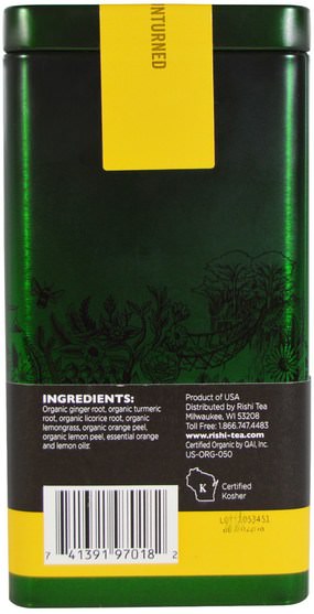 補充劑，抗氧化劑，薑黃素，食品，涼茶 - Rishi Tea, Turmeric Ginger, Organic Loose Leaf Herbal Tea, Ayurvedic + Meyer Lemon, 2.47 oz (70 g)