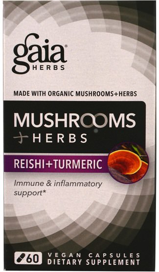 補充劑，抗氧化劑，薑黃素 - Gaia Herbs, Mushroom + Herbs, Reishi + Turmeric, 60 Veggie Caps